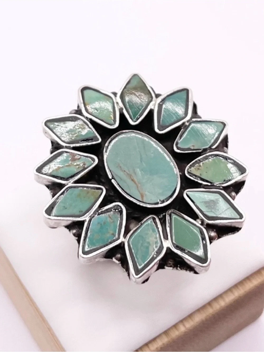 Size 7.5 Turquoise Sunburst statement Sterling Silver Ring